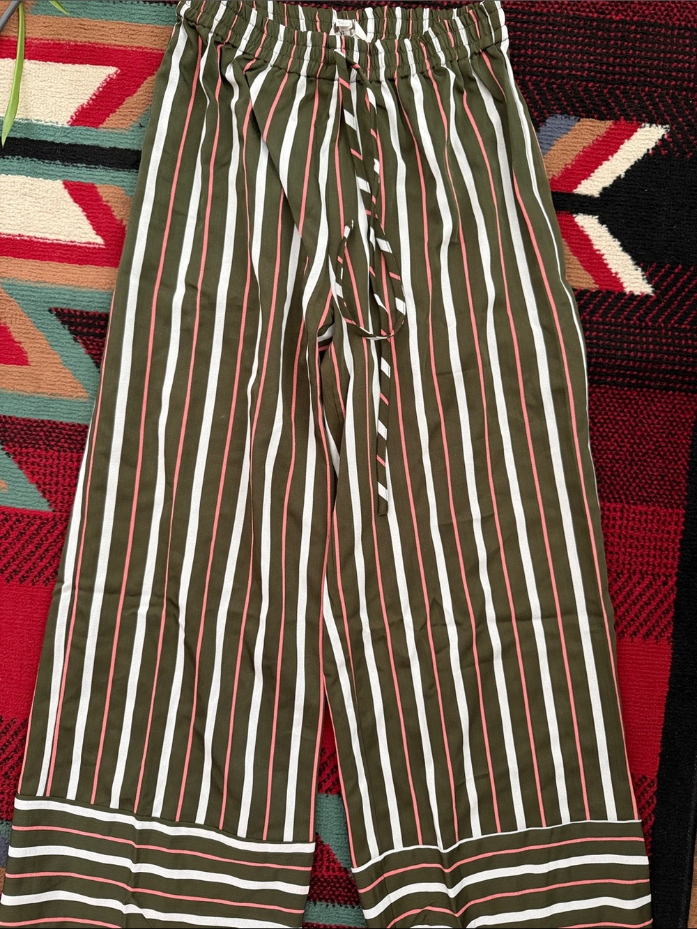 Umgee Olive Wide-Leg Striped Drawstring Pants with White & Coral Stripes